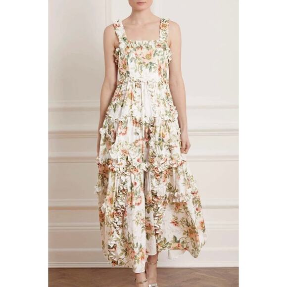 EUC Needle & Thread Dancing Roses Ankle Gown Tiered Ruffle Floral Cotton Dress 4 - Picture 3 of 16